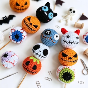 Hand Crochet Spooky Halloween String Ornaments DIY Kit with PDF Pattern Tutorial,Creepy Pumpkin Eyeball Skull Black Cat Devil Crochet Balls