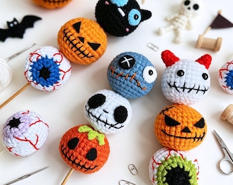 Hand Crochet Spooky Halloween String Ornaments DIY Kit with PDF Pattern Tutorial,Creepy Pumpkin Eyeball Skull Black Cat Devil Crochet Balls