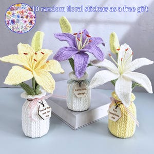 May include: Three handmade crochet lily flowers in vases. The lilies are yellow, purple, and white, with green stems and buds. Each vase is a different color, with a tag that says "You're the one for me", "Love you, always", and "You complete me". Includes 10 floral stickers.