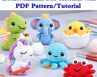 Crochet DIY Material Pack-Unicorn/Octopus/Crab/Elephant/Dinosaur/Eggshell Chicken,Dinosaur NoSew Crochet Bundle,Amigurumi Octopus Bundle PDF