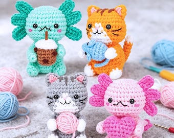 Crochet Salamander/Kitten DIY Kit with PDF Pattern Tutorial,No SEW mini Amigurumi Kitty Plushie,Tiny Animal Easy Beginner,Crochet Salamander