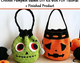 Halloween Monster Crochet Pumpkin Basket DIY Kit with PDF Tutorial & Finished Product,Spooky Goth Halloween Candy Basket Gift,Spooky Gift