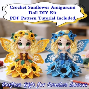 Sonnenblume Häkelpuppe Amigurumi DIY Kit + PDF Nähanleitung,Sonnenblume Häkelpuppe,Handgemachte Häkelpuppe Fee,Häkelpuppe Elfe,Sonnenblume