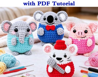 Crochet Elephant/Mouse/Pig/Koala DIY Kit+PDF Tutorial,Beginner-Friendly Amigurumi Plush Toy,Koala Amigurumi Crochet Pattern,Animal Amigurumi