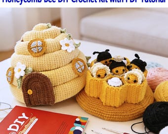 Crochet Honeycomb/Bee DIY Kit+PDF Tutorial,Beehive with Bees Crochet Pattern,Crochet Honeybee Hive,Beehive with Bee Family Crochet Set
