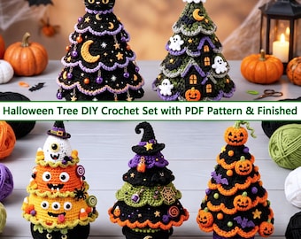 Op de afbeelding: Vijf decoratieve gehaakte bomen met Halloween-thema's, waaronder een zwarte kattenboom, een spookboom, een monsterboom, een heksenboom en een pompoenboom. De tekst Halloween Tree DIY Crochet Set with PDF Pattern & Finished is zichtbaar.