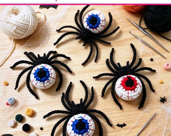 Halloween Crochet Eyeball Spider DIY Kit with PDF Tutorial & Finished,Crochet Spooky Spider,Trick or Treat Home Decor,Halloween Amigurumi