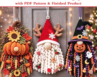 Weihnachts-/Halloween-Häkel-Türhänger-Bastelset, PDF-Anleitung & fertige, handgefertigte Option, 3D-Wanddekoration für die Feiertage, Geschenk für Häkelfans