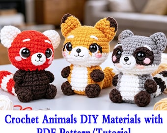 Crochet Raccoo /Fox/Red Panda DIY Kit with PDF Pattern Tutorial,Cute Red Panda Crochet Pattern,Handmade Amigurumi Fox Plush,Crochet Raccoon