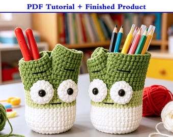 Crochet Green Onion Pen Holder DIY Kit+Step-by-Step PDF Tutorial,Finished Crochet Green Onion Office Ornament,Amigurumi Vegetable Pencil Cup