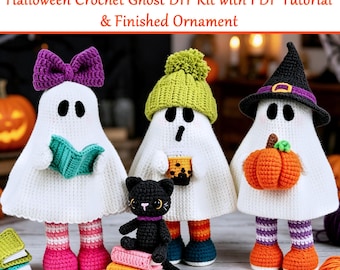 Halloween Crochet Ghost DIY Kit+PDF Pattern Tutorial,Spooky Ghost Finished Knit Ornament,Halloween Amigurumi Plush,Trick or Treat Home Decor