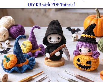 Halloween Crochet Grim Reaper+Pumpkin Girl+Pumpkin Hat DIY Kit with PDF Tutorial+Finished,Beginner-Friendly Spooky Gothic Fall Craft Kit