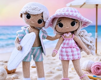 Crochet Surfing Couple Doll DIY Kit+PDF Tutorial,Couple Portrait Doll,Crochet Wedding Gift,Anniversary Gift Him Her,Crochet Gift For Mom Dad