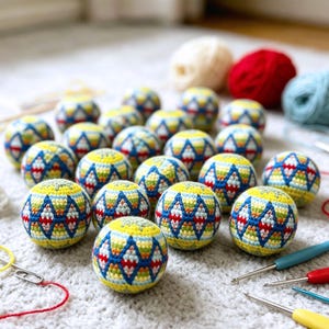 Puede incluir: Una colección de bolas de ganchillo coloridas con patrones geométricos en amarillo, azul, rojo y verde. Las bolas están dispuestas sobre una superficie blanca, con hilo y ganchillos visibles en el fondo. Las bolas miden aproximadamente 5 cm de diámetro.