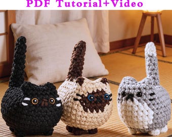 Paquete de patrones de amigurumi de gato sin costura, kit de materiales de amigurumi para gatos + tutorial en PDF + video, patrón de amigurumi de gato, patrón de gatito amigurumi