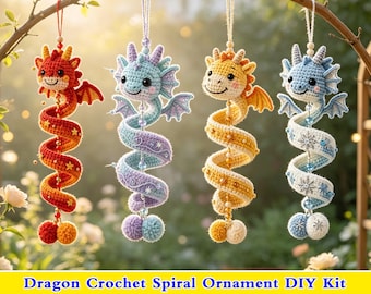 Niedliches Drachen-Häkel-Spiralornament-DIY-Set & Anleitung, Autoanhänger, fertiger Amigurumi-Hängeanhänger, handgefertigtes Geschenk für Häkelfans, Weihnachtsgeschenk