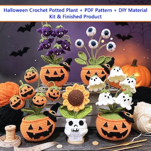 Vaso de crochê para o Halloween com molde em PDF + kit de materiais DIY e produto finalizado, vaso de abóbora fantasma de crochê para o Halloween, decoração assustadora de abóbora.