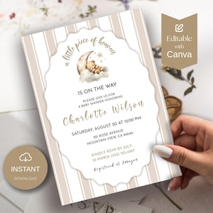 Zaproszenie na baby shower "Mały kawałek nieba", zaproszenie z misiem i księżycem, szablon Canva na baby shower z chmurką, edytowalne zaproszenie na baby shower