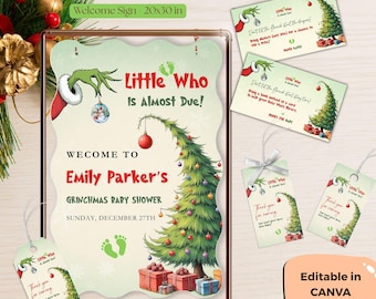 以下が含まれることがあります： Grinchmasをテーマにしたベビーシャワーの招待状と文房具セット。招待状には「Little Who Is Almost Due!」と「Welcome to Emily Parker's Grinchmas Baby Shower」のテキストが入ったクリスマスツリーのデザインが施されています。ギフトタグとカードが含まれています。
