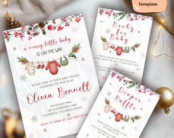 May include: Baby shower invitation set with a winter theme. The invitation features red and green accents, snowflakes, and the text "a merry little baby is on the way." Includes a "Books for Baby" and "Diaper Raffle" card.