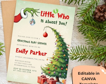 Puede incluir: Una invitación a un baby shower con temática de Grinchmas. La invitación presenta un árbol de Navidad verde, cajas de regalo rojas y el texto "Little Who Is Almost Due!". La invitación es editable en una plantilla de Canva.