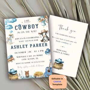 May include: A baby shower invitation and thank you card set with a cowboy theme. The invitation features watercolor illustrations of a calf, rocking horse, and guitar. The text reads "a little cowboy is on the way!" and includes event details.