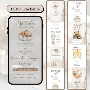 May include: A digital invitation for a baby shower, featuring a teddy bear on a cloud. The invitation includes details like the date, time, and location, along with the name "Amanda Jonson". Additional cards with similar designs are also shown.