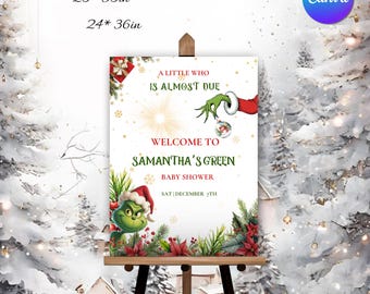 Welcome Sign Who is Almost Due, Editable Baby Shower Decoration, Printable Grinch Theme, Digital Download - GRI