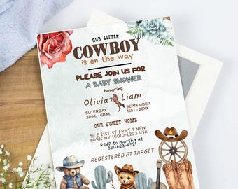 Cowboy Baby Shower Invitation: Editable in Canva Tamplate, Wild West Theme (Digital Download)