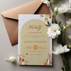 Editable Winnie the Pooh Baby Shower Invitation, Editable in CANVA, Digital Download, Fun Pooh Bear Template for Gender Reveal