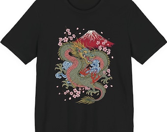 Dragon, Sakura and Red Fuji Shirt, Cool Japanese Art T-Shirt, Oriental Taste Design Top, Unisex, Short Sleeve Tee