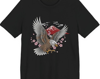 Eagle, Sakura and Red Fuji Shirt, Cool Japanese Art T-Shirt, Oriental Taste Design Top, Unisex, Short Sleeve Tee
