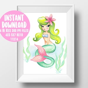 Mermaid print,instant download,pin up art print,vintage print,digital art,girly art,nursery art,kids room,wall art,colorful art, girls room
