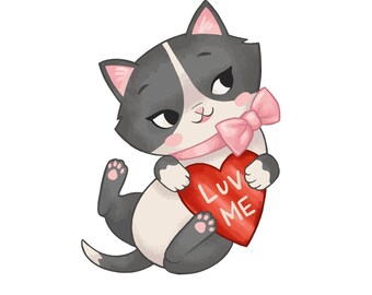 Cute Cat with Heart SVG & PNG Files - Commercial License