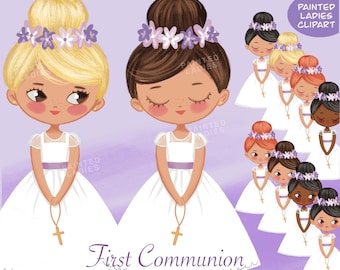 Girls First Communion Clip Art in Lavender, Updo Hairdo, Multiple Haircolor and Skintones, Primera Comunion for invitations