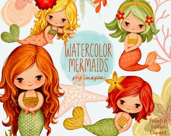 水彩画の人魚のクリップアート、PNG デジタル画像、招待状用のかわいい人魚、DIY