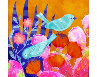 Printable Wall Art Cactus Garden with Birds, Instant Download  Home Decor