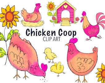 Chicken Coop Clip Art, Hand-Drawn Hen Rooster Chick (Digital Download)