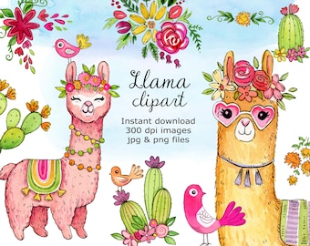 Colorful Llama Clipart, Hand Drawn Digital Images (Instant Download)