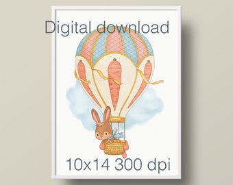 Bunny Hot Air Balloon Print, Watercolor Nursery Art (Digital Download)