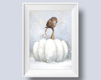 Winter White Pumpkin Print – Sparrow Bird Art (Instant Download)