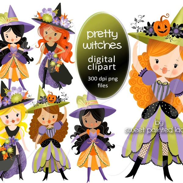 Halloween Clipart, Pretty Witch instant download clipart,Fashion Witch Halloween printable, Cute Witch sublimation art, 300 dpi, png files