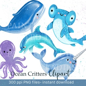 Niedliche Meerestiere, druckbare PNG Dateien zum sofortigen Download, Kinderzimmer Dekor mit Ozean Unterwasser Aquarell Tiere