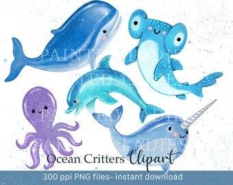 Ocean Critters Clipart Set: Watercolor Whale, Shark, Dolphin, Narwhal, Octopus (Digital Download)