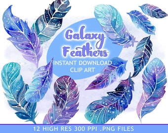 Galaxy Feathers Watercolor Clipart, Celestial Boho Feathers (Digital Download)