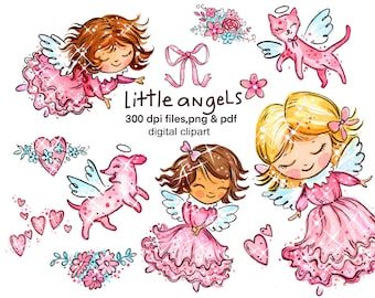 Clipart Angels Instant download, dog and cat clip art, png files, Handmade Illustration