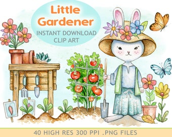 hand Painted Watercolor Spring Gardening Clip Art, Little Bunny Gardener, Instant Download Digital Clipart