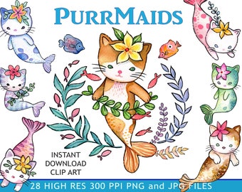 Cat Mermaid Clipart, Watercolor Purrmaid Art (Digital Download)