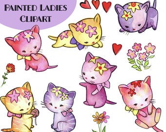 Watercolor Cats Clipart, Handpainted Cute Kitty Art (Digital Download)