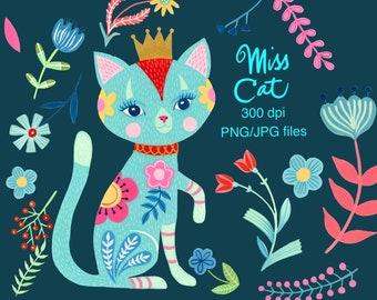Commercial License Folk Art Cat Clip Art